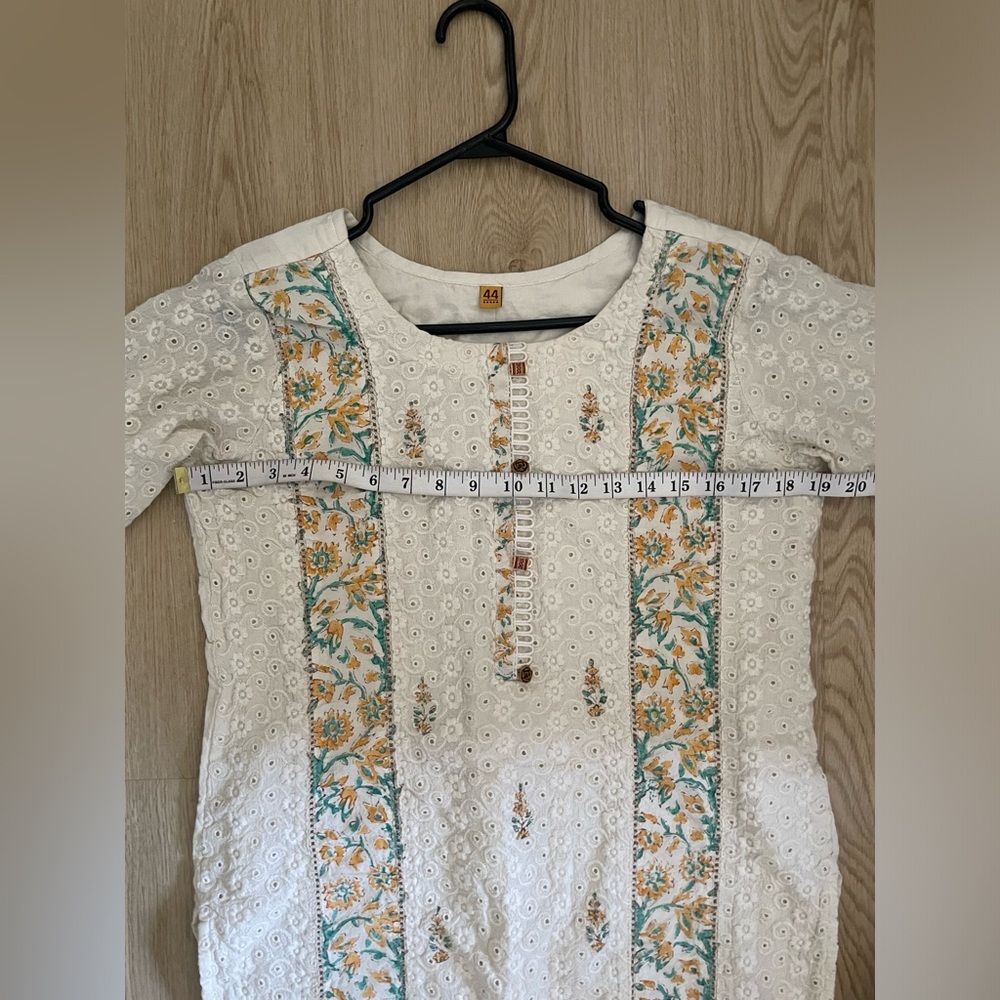 Artisan Block Print Kurti Tunic with Dupatta Boho Chikankari Eyelet Cotton Dress - Picture 10 of 16